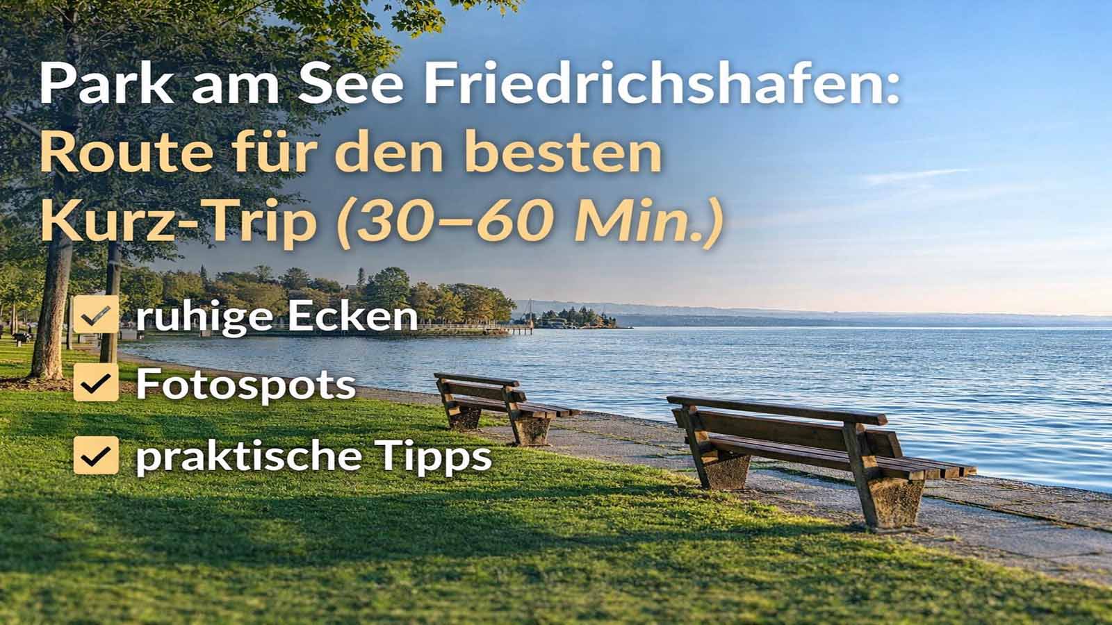 Park am See Friedrichshafen am Bodensee mit Promenade, Bänken und Grünflächen – Route für 30–60 Minuten.