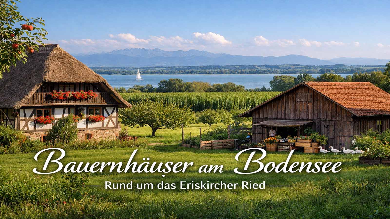 Ländliche Bauernhäuser und Scheune bei Eriskirch am Bodensee mit Wiesen, Obstbäumen und Blick Richtung See in Querformat