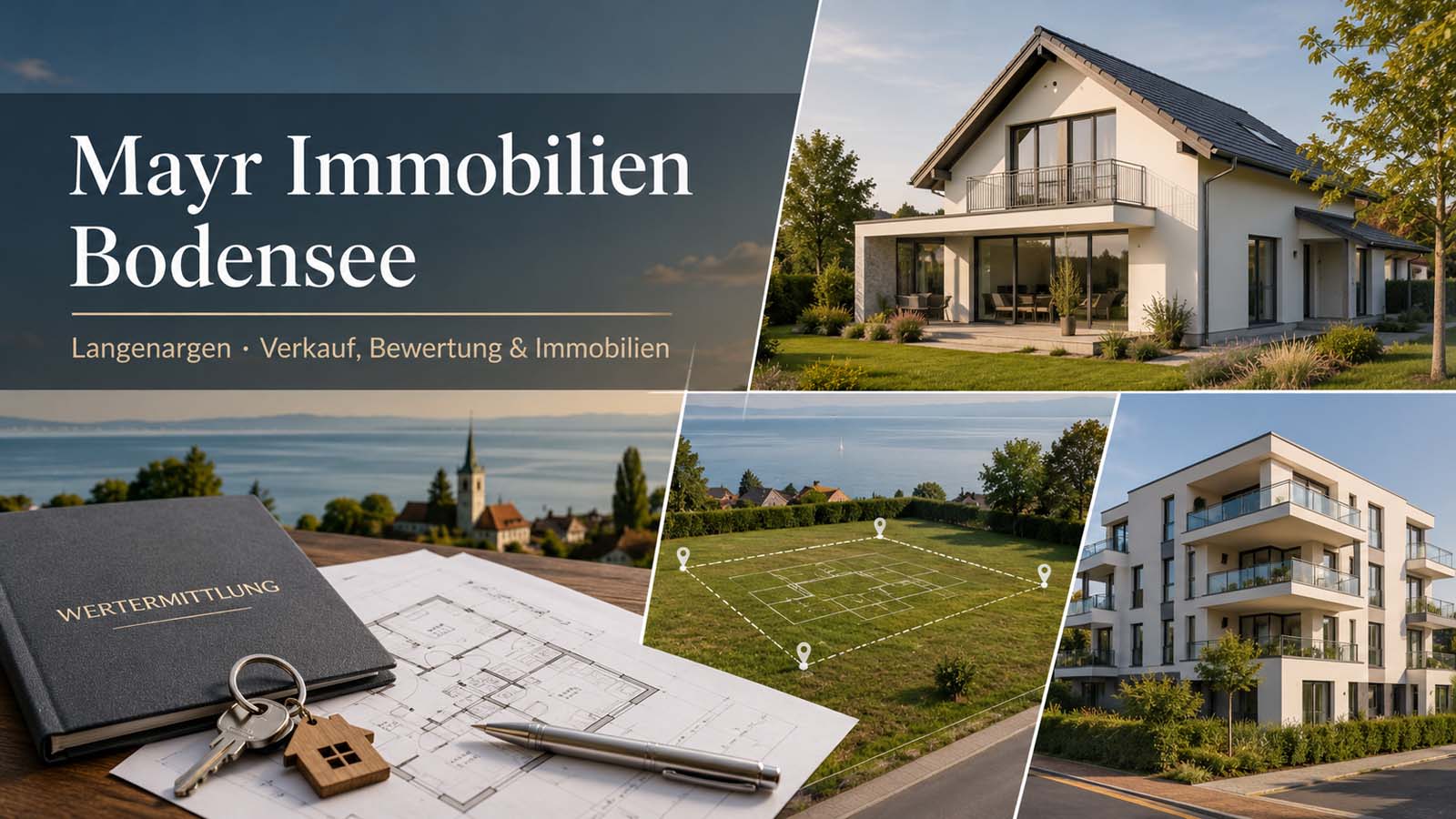 Collage mit Einfamilienhaus, Eigentumswohnungen, Baugrundstück sowie Unterlagen zur Immobilienbewertung am Bodensee.