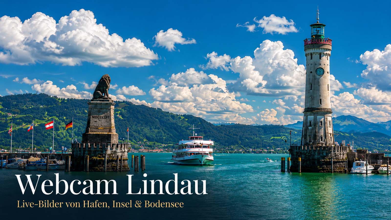 Webcam Lindau mit Blick auf die Hafeneinfahrt, den Bayerischen Löwen, den Neuen Leuchtturm und ein Fahrgastschiff auf dem Bodensee.